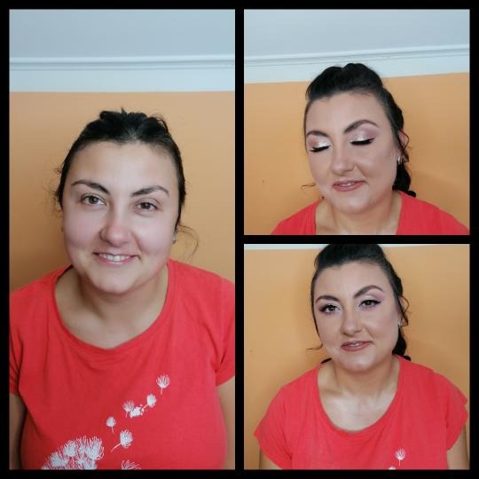 Kolaż przedstawiający twarz kobiety przed i po delikatnym, różowym makijażu dziennym z wyraźnie podkreślonymi rzęsami i brwiami.