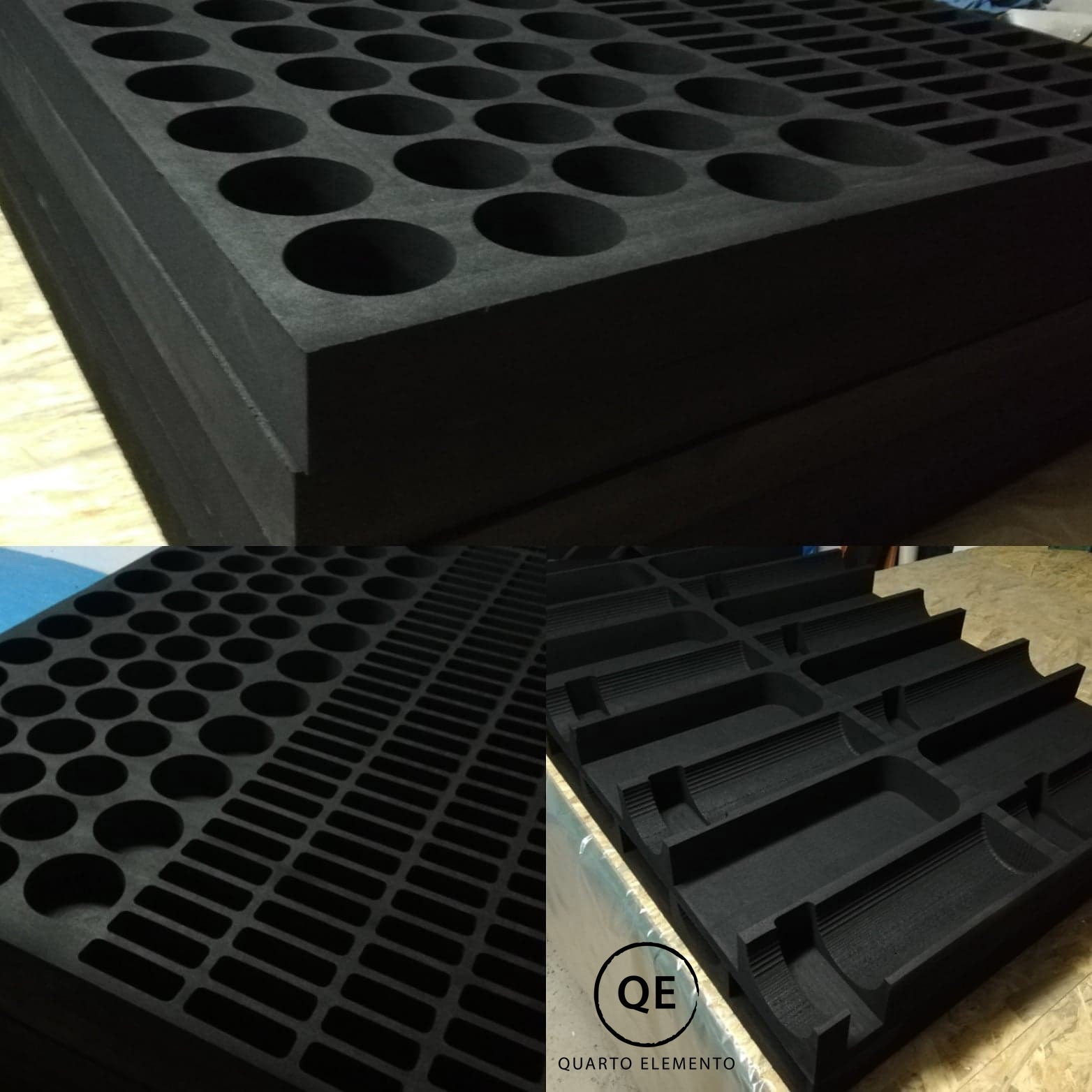 Czarne, piankowe wkłady do walizek lub pudełek z wyciętymi otworami o różnych kształtach: okrągłe i prostokątne, ułożone warstwami, z widocznym logo producenta w prawym dolnym rogu.