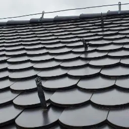 Dach pokryty ciemnymi, okrągłymi płytkami przypominającymi łuski, z widocznymi elementami mocującymi i wystającymi odpowietrznikami.