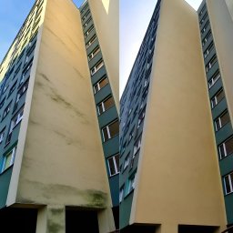 Wash Expert - Efekt mycia elewacji bloku mieszkalnego we Wrocławiu, widok z dołu, prezentujący stan przed i po czyszczeniu. Zauważalna różnica w kolorze i czystości.