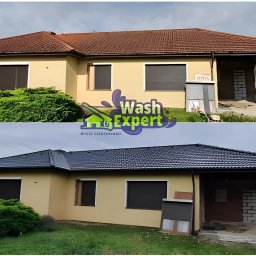 Wash Expert - Dom jednorodzinny przed i po czyszczeniu dachu i elewacji. Ciemna dachówka po zabiegu, jasna elewacja. Logo firmy nałożone na zdjęcie.