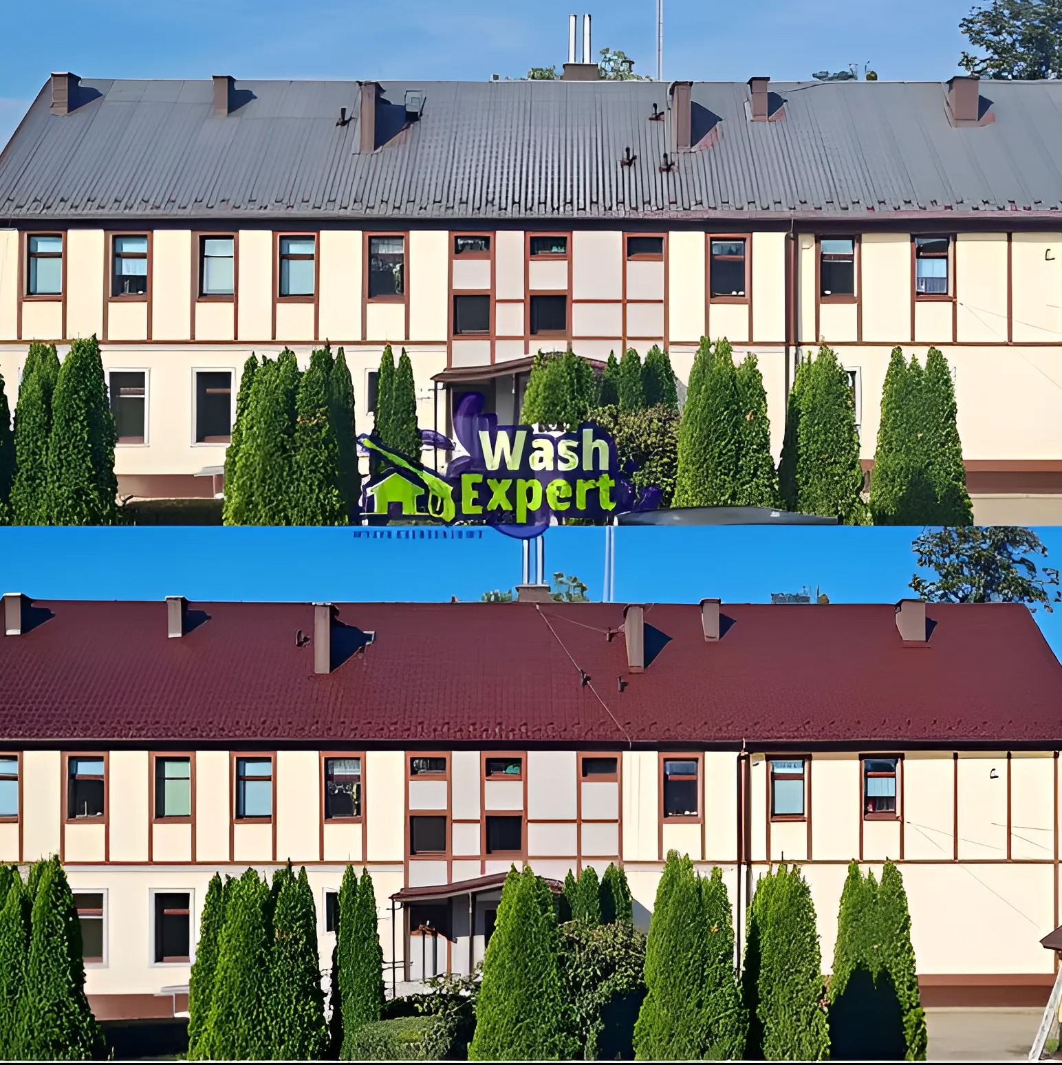 Zdjęcie budynku przed i po renowacji dachu, z szarego na czerwony, z logo firmy 'Wash Expert' na pierwszym planie. Widoczne okna i zielone krzewy.