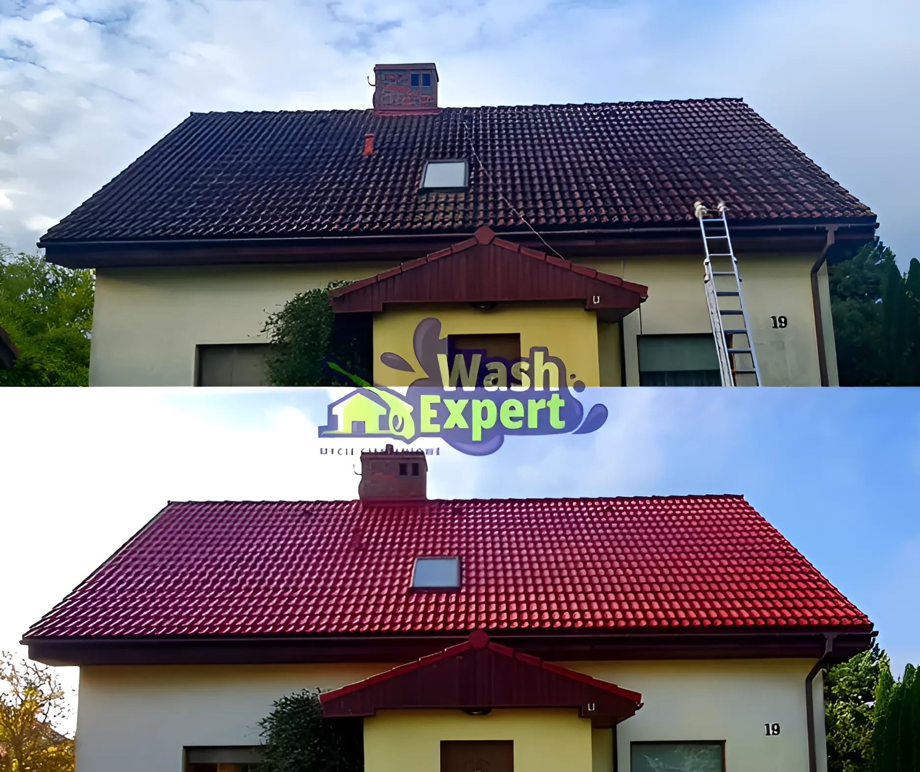 Zdjęcie dachu domu przed i po zabiegu czyszczenia. Górna część dachu jest brudna, dolna część dachu jest czysta i ma intensywny czerwony kolor.