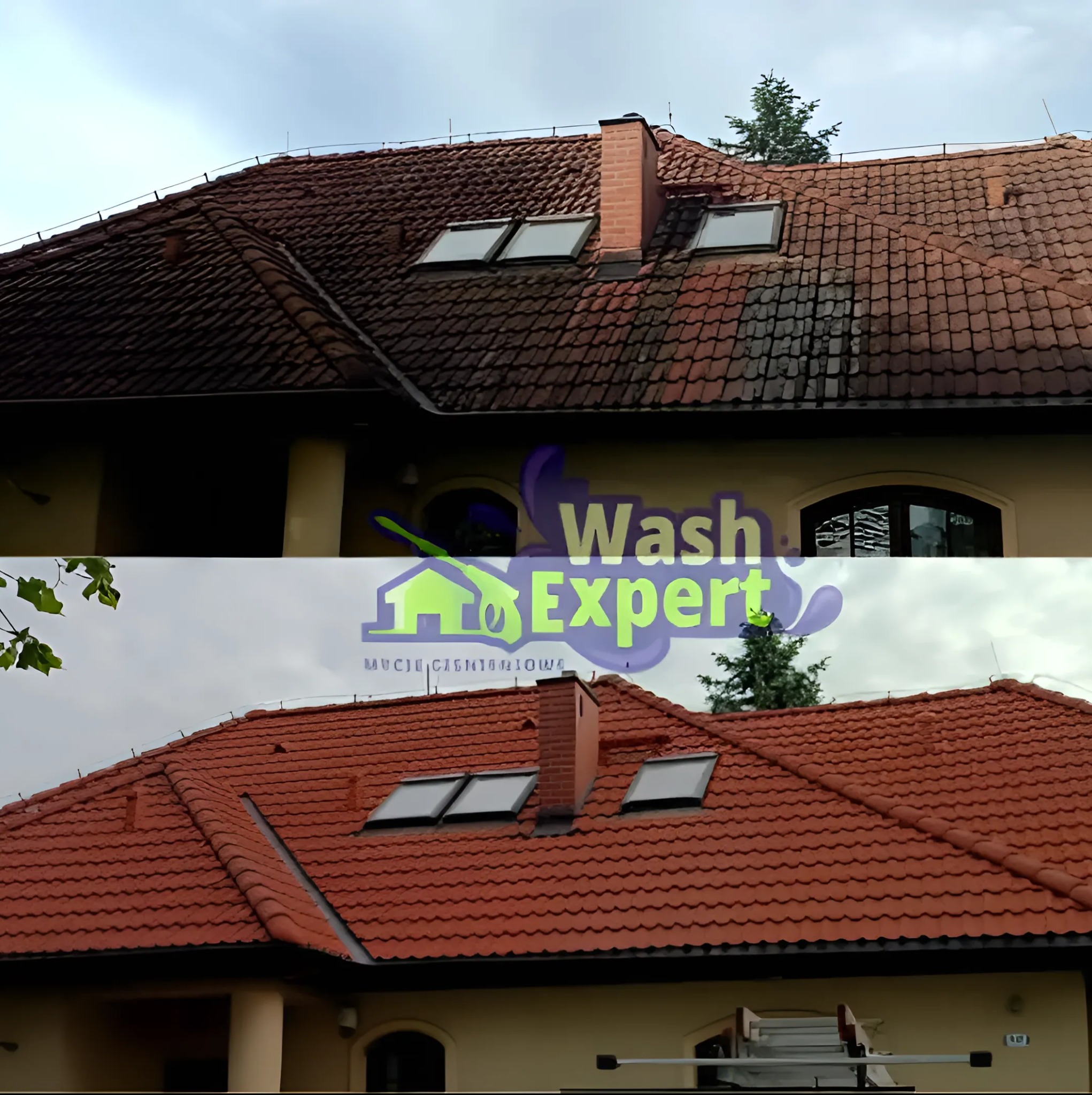 Zdjęcie dachu przed i po czyszczeniu, widoczne okna dachowe i komin. Czerwona dachówka po zabiegu odzyskała intensywny kolor. Ujęcie z dołu, pochmurne niebo w tle.