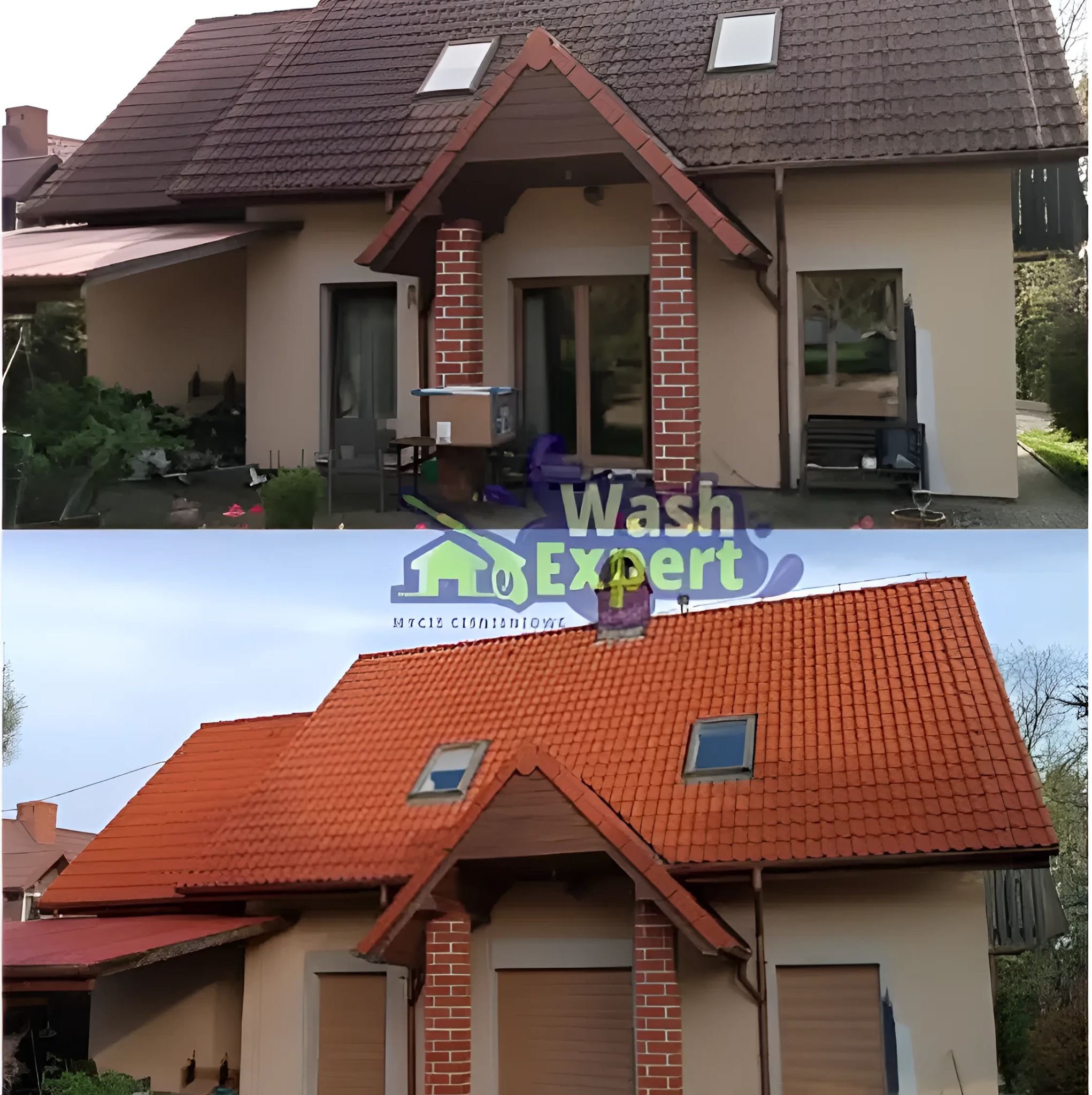 Zdjęcie 'przed i po' mycia dachu i elewacji domu jednorodzinnego. Dach po prawej stronie w odcieniach czerwieni, po lewej brązowy, elewacja jasna.
