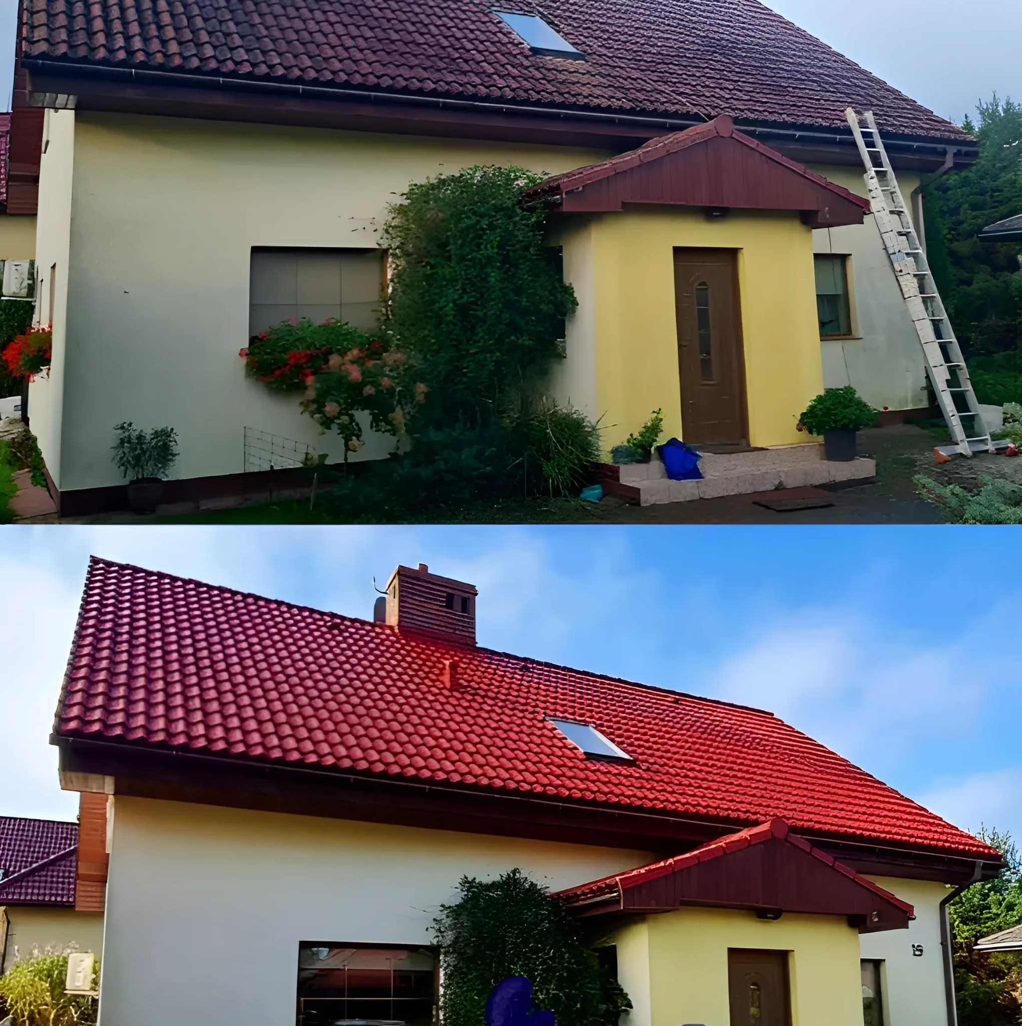 Dom przed i po renowacji: górna część pokazuje zabrudzoną elewację i dach, dolna - odnowiony, czysty dach z czerwoną dachówką i odświeżoną elewację.