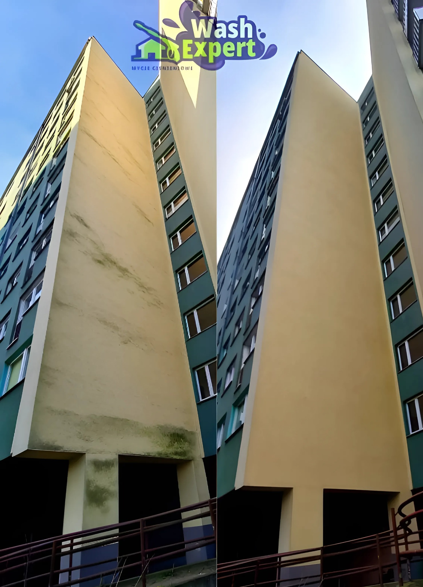 Efekt mycia elewacji bloku mieszkalnego we Wrocławiu, widok z dołu, prezentujący stan przed i po czyszczeniu. Zauważalna różnica w kolorze i czystości.