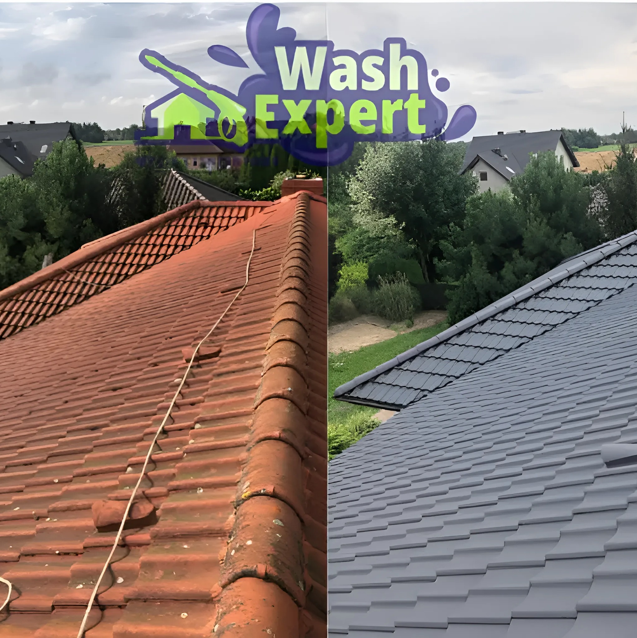 Dachówka przed i po czyszczeniu, po lewej stronie zabrudzona, czerwona dachówka, po prawej czysta, szara dachówka. Widoczne logo firmy.