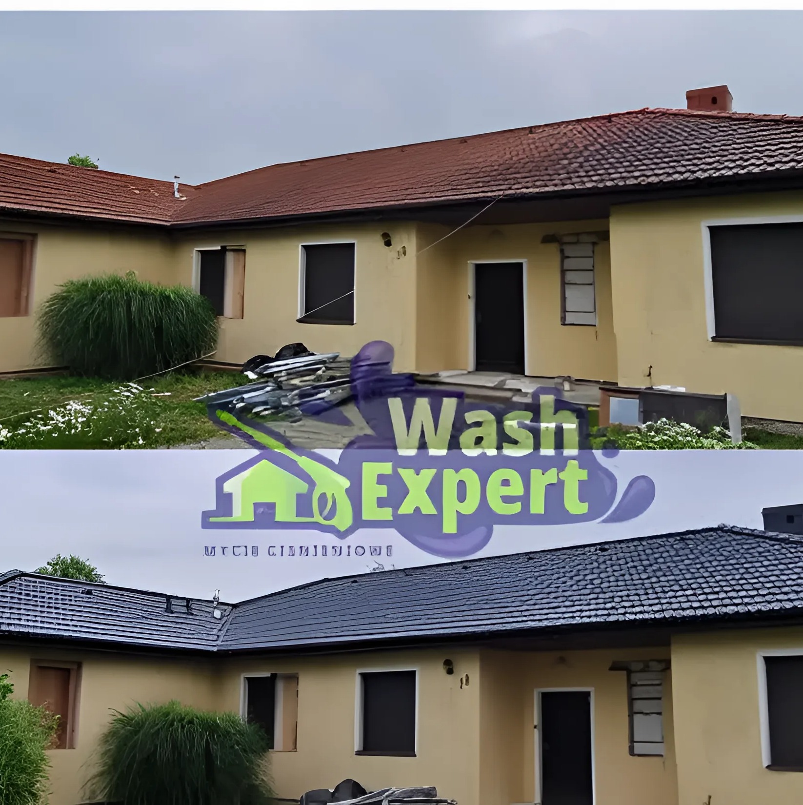 Dom przed i po czyszczeniu dachu, widoczne różnice w kolorze dachówki. Nałożony znak wodny firmy.