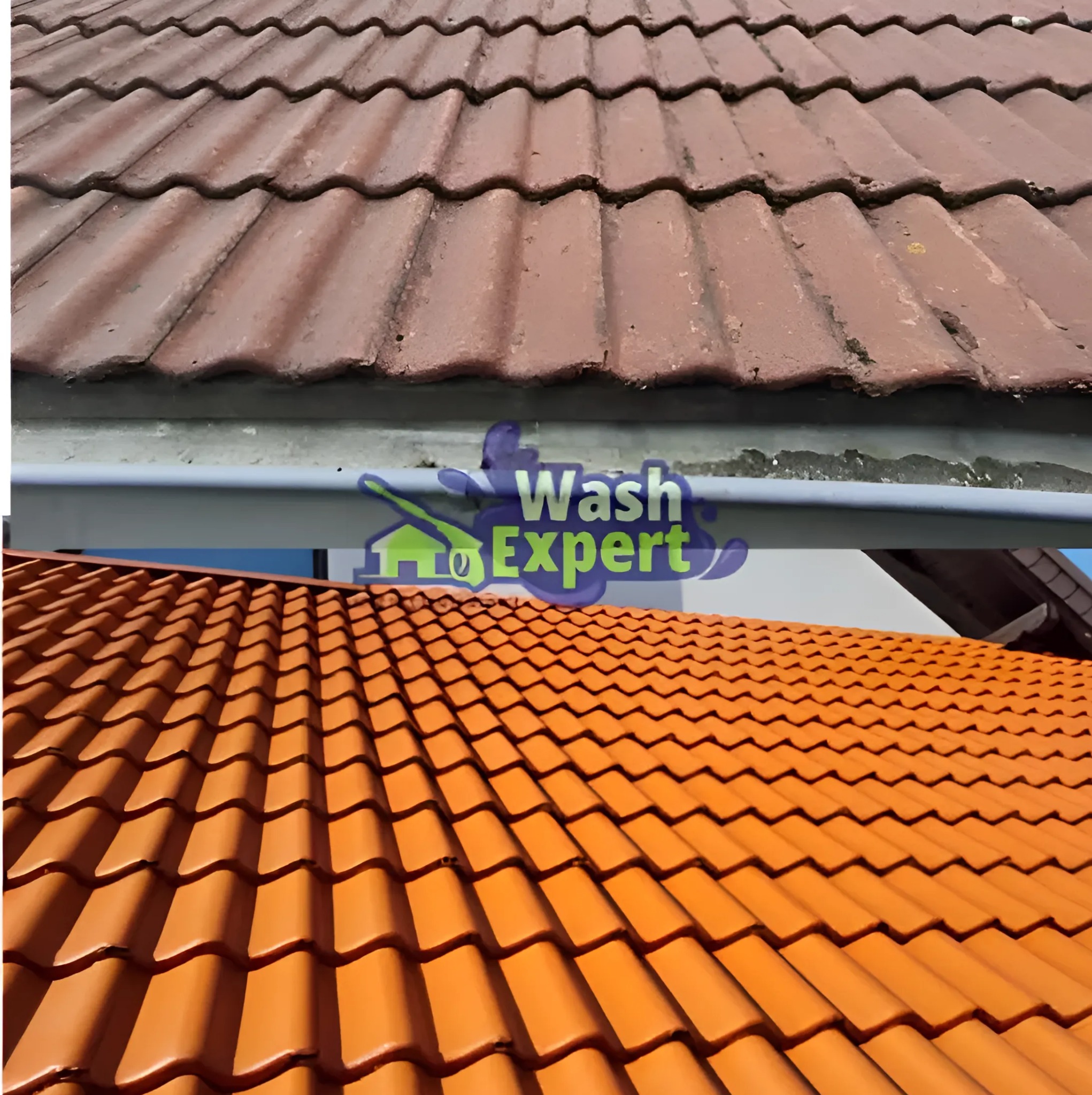 Dachówka przed i po czyszczeniu. Górna część pokryta brudem i mchem, dolna część dachu z nową, pomarańczową dachówką. Widoczny fragment rynny.