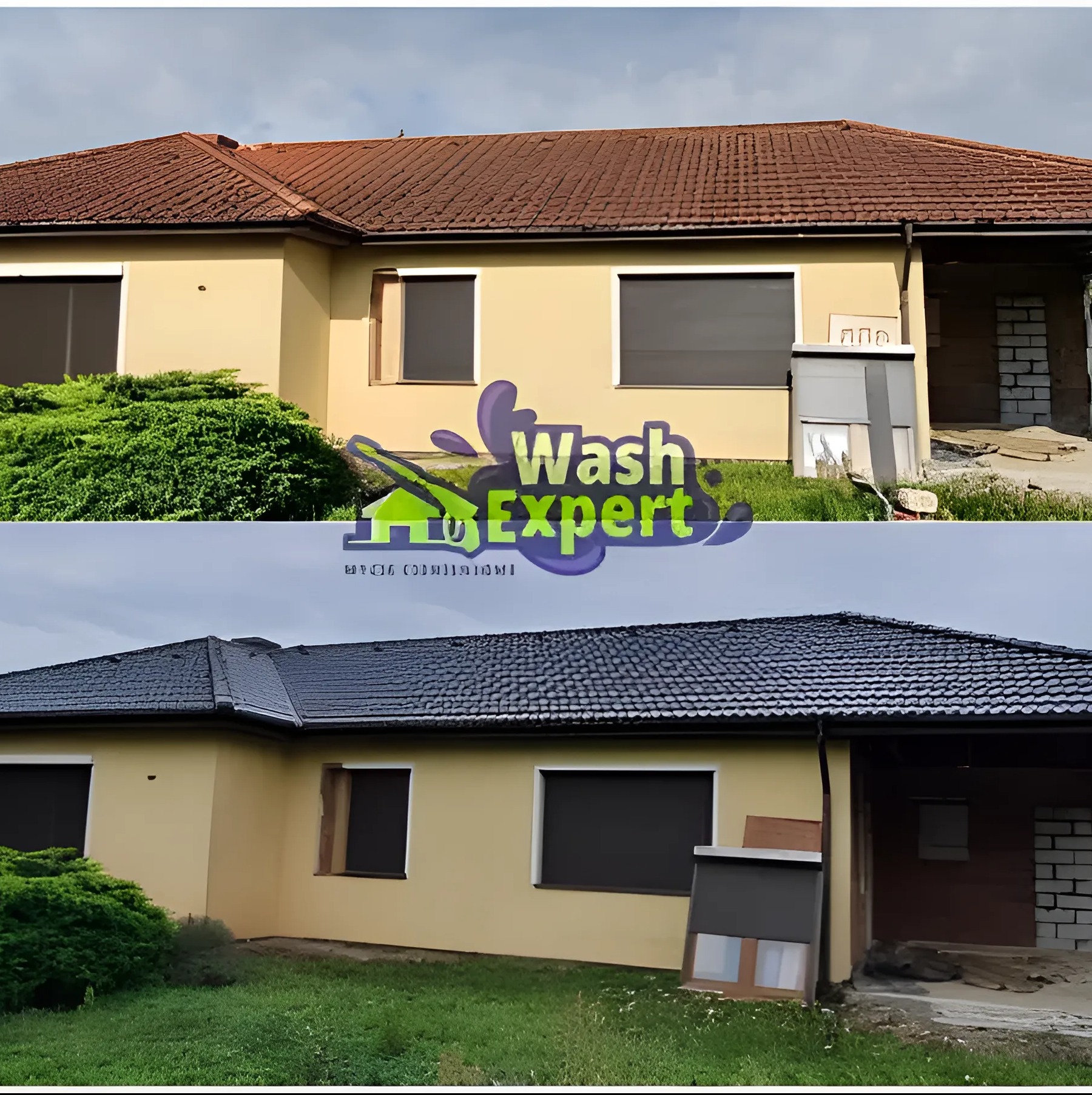Dom jednorodzinny przed i po czyszczeniu dachu i elewacji. Ciemna dachówka po zabiegu, jasna elewacja. Logo firmy nałożone na zdjęcie.