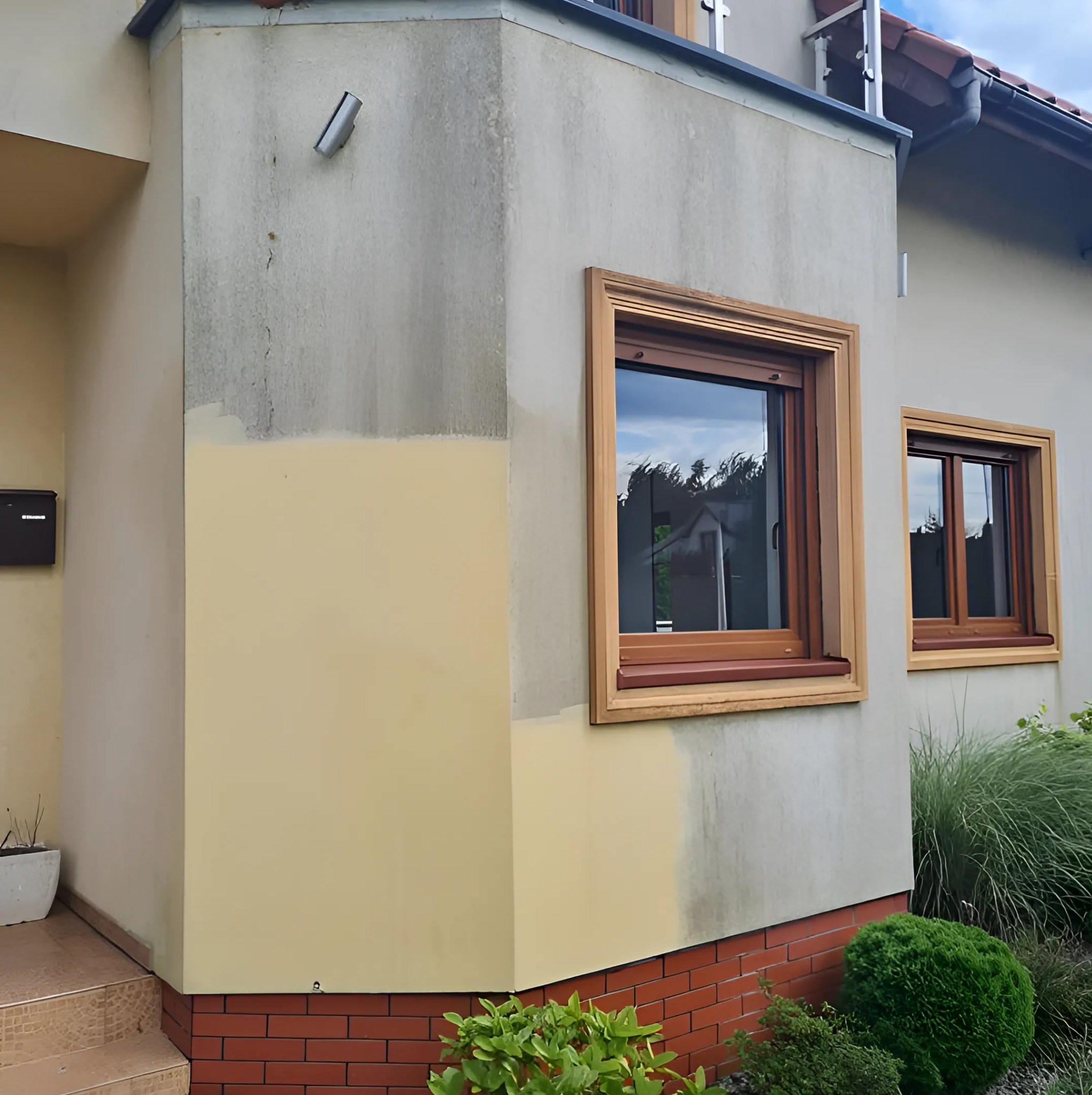 Fragment elewacji domu przed i po czyszczeniu, widoczne różnice w kolorze i czystości. Okna z drewnianymi ramami, ceglana podmurówka i zieleń dopełniają kadr.