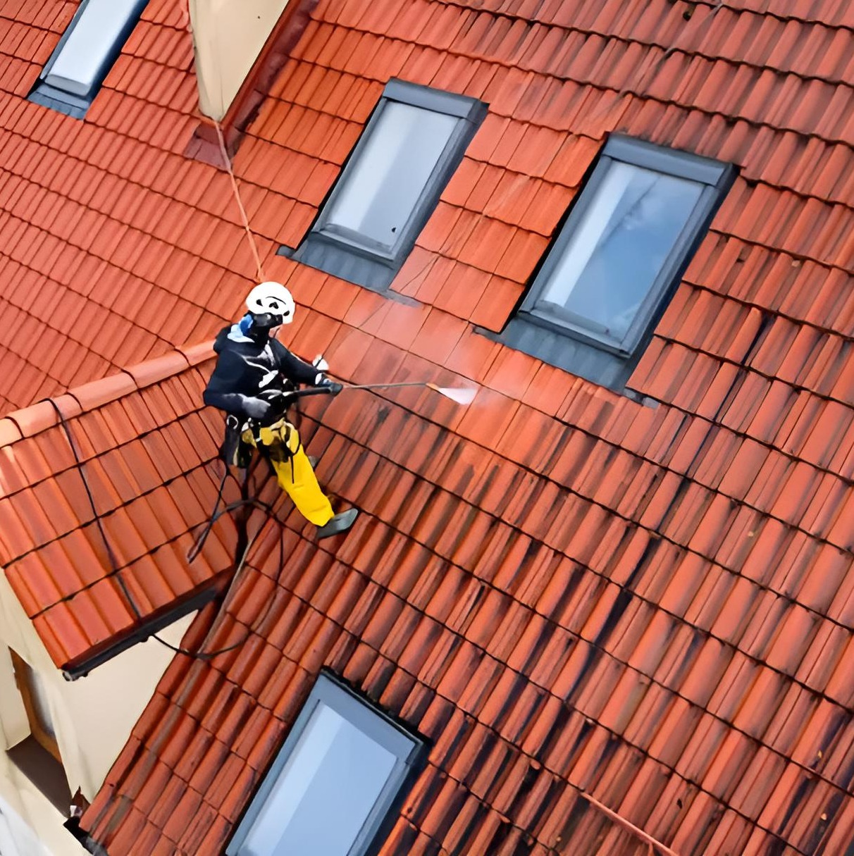 Pracownik w uprzęży myje czerwoną dachówkę pod wysokim ciśnieniem. Widoczne okna dachowe i strumień wody usuwający zabrudzenia. Ujęcie z góry.
