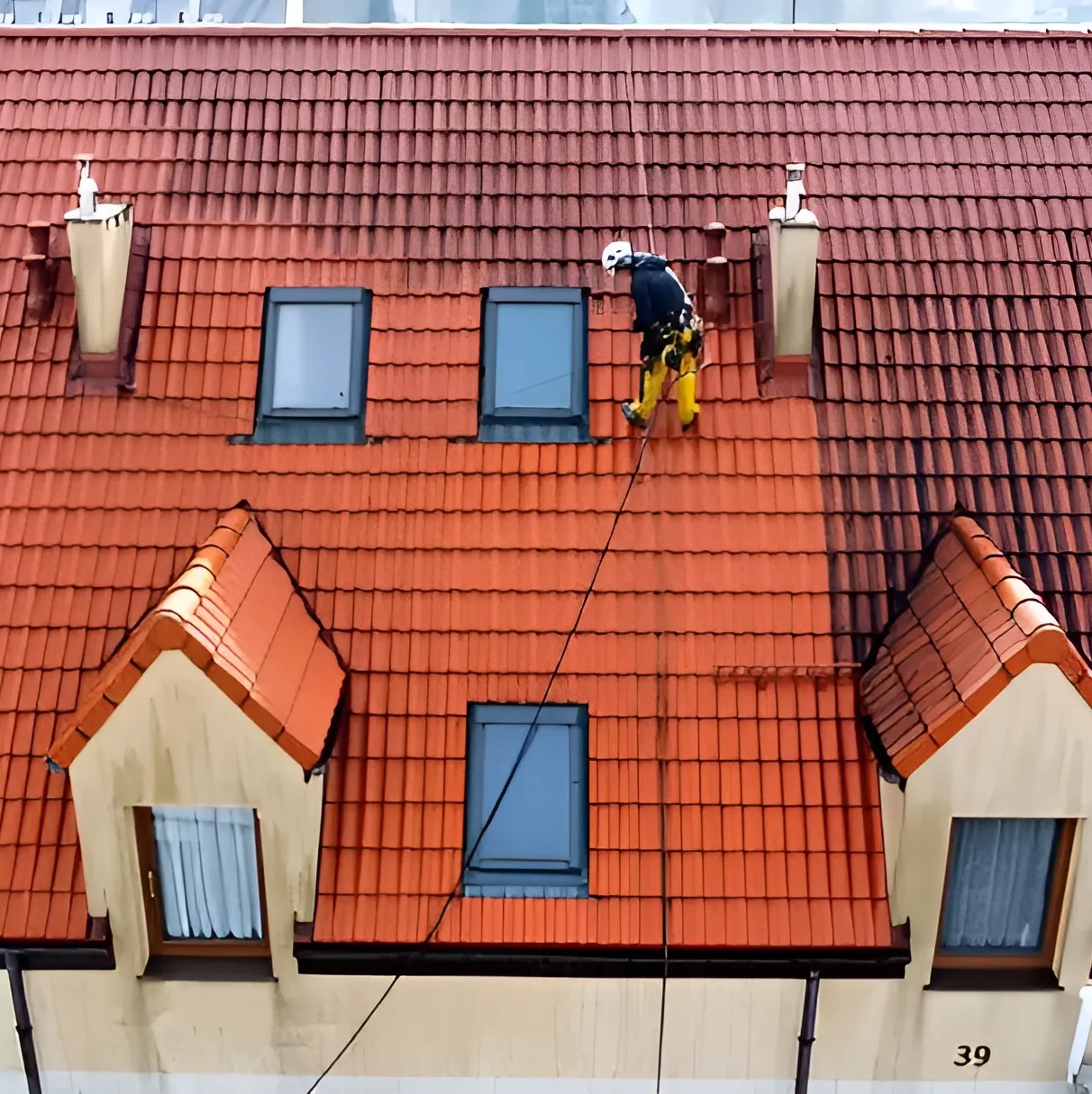 Pracownik w uprzęży, na stromym dachu z czerwonej dachówki, czyści fragment powierzchni. Widoczne okna dachowe i kominy. Ujęcie z góry, podkreślające stromość dachu.