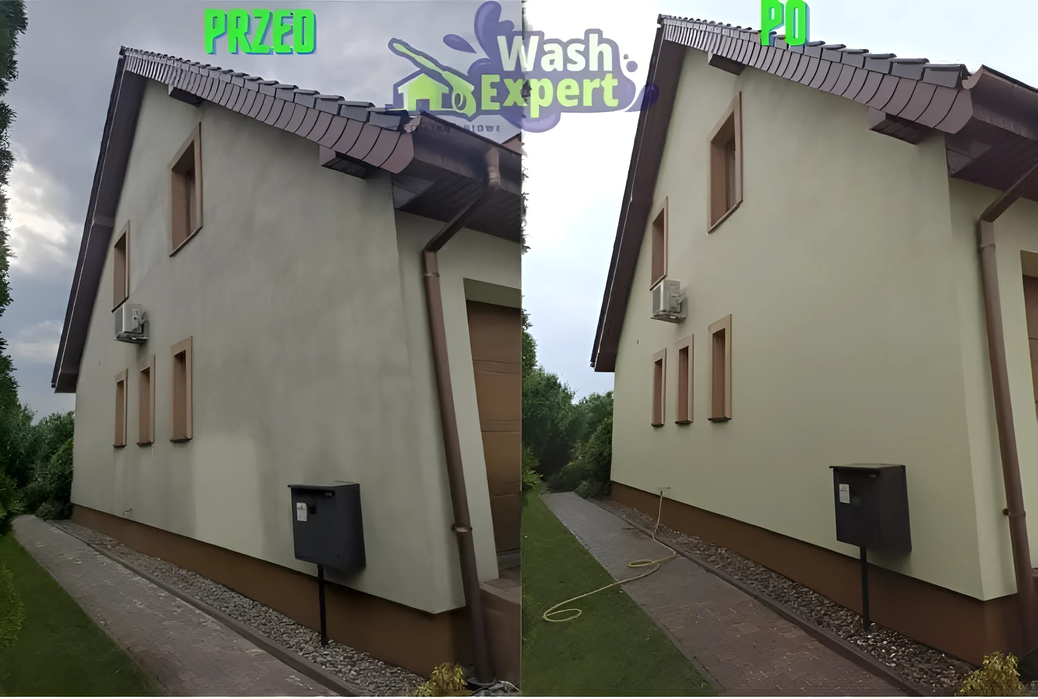 Dom jednorodzinny po usłudze czyszczenia elewacji, prezentowany w formacie 'przed i po'. Widoczna różnica w kolorze i czystości ścian. Ujęcie z boku budynku.