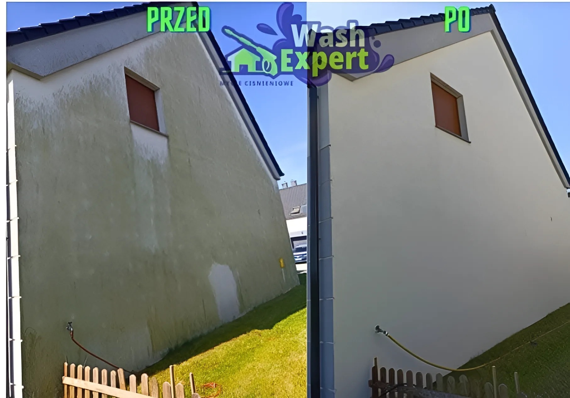 Dom jednorodzinny przed i po usłudze czyszczenia elewacji. Widoczne różnice w kolorze i czystości ścian. Ujęcie z boku, z fragmentem ogrodu i ogrodzenia.