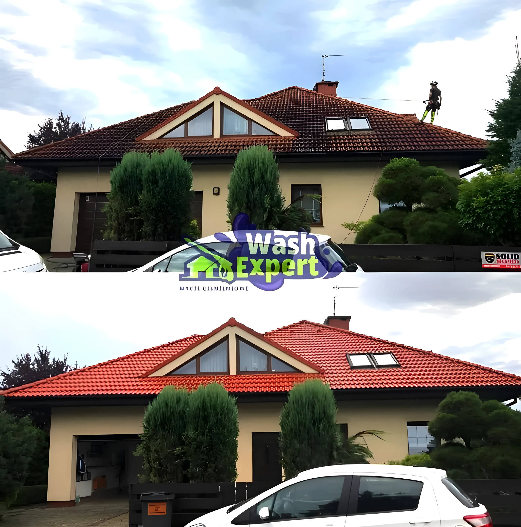 Porównanie dachu przed i po myciu ciśnieniowym. Na górze dach pokryty brudem, na dole czysty, czerwony. Pracownik na dachu podczas czyszczenia.