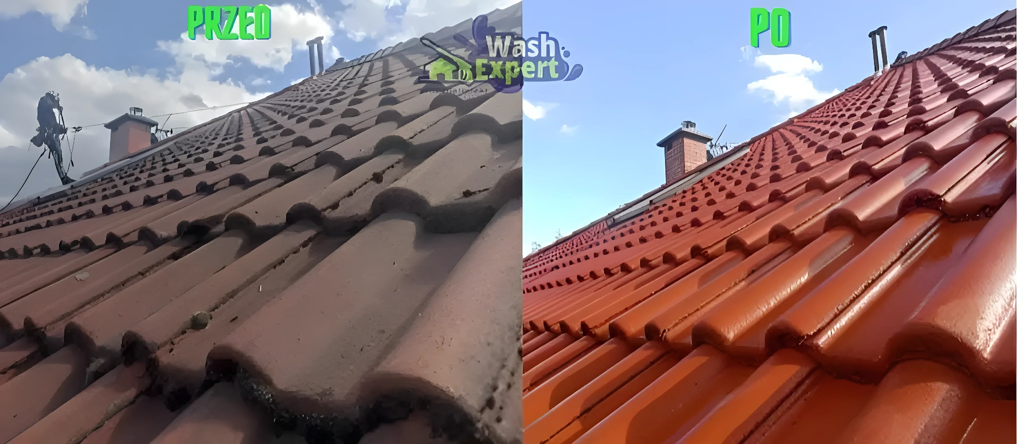 Zdjęcie dachu z dachówki ceramicznej w układzie 'przed i po' czyszczeniu. Po lewej stronie widoczny pracownik podczas pracy na wysokościach.