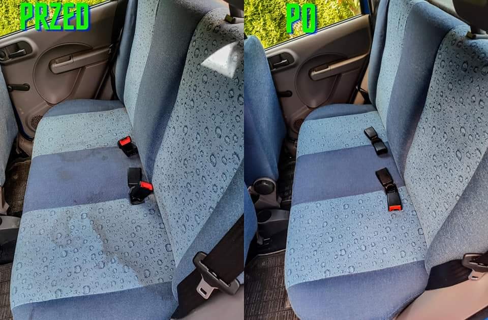Tapicerka samochodowa z plamami przed i po praniu, widoczne różnice w czystości na fotelu pasażera.