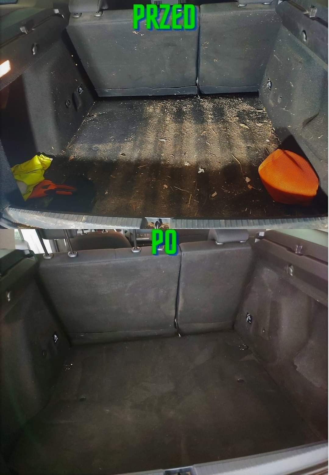 Bagażnik samochodu osobowego przed i po czyszczeniu, widoczne pozostałości po liściach i piasku na dywaniku przed czyszczeniem, a po czyszczeniu dywanik czysty i odkurzony, żółta kamizelka...