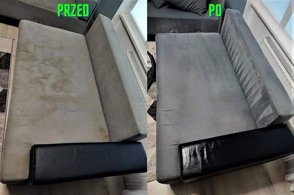 Porównanie stanu kanapy przed i po czyszczeniu: widoczne plamy i zabrudzenia na lewej połowie zdjęcia, a po prawej czysta, szara tapicerka.
