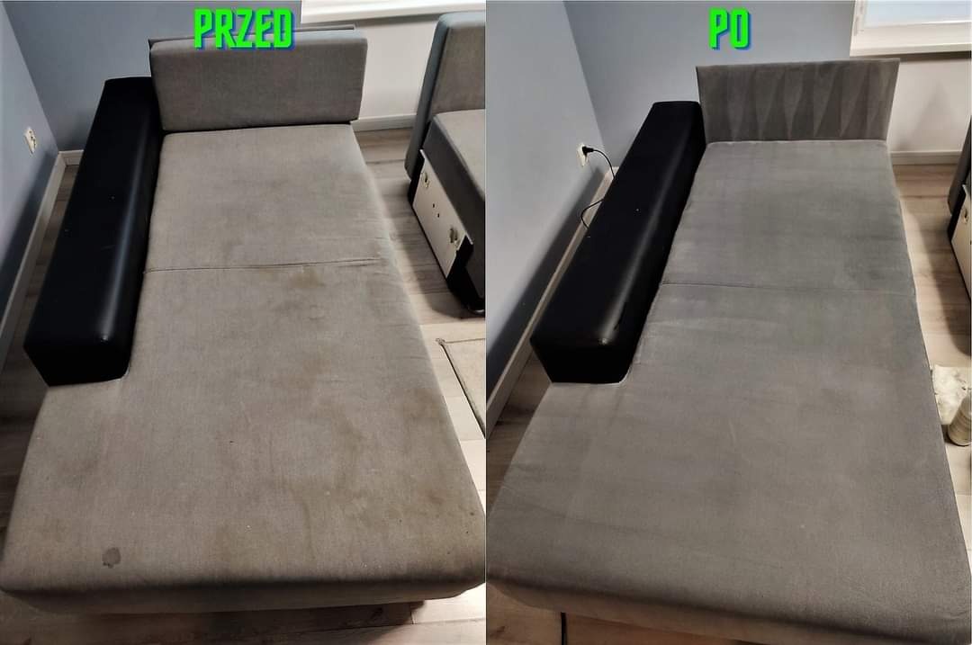 Kanapa tapicerowana w odcieniach szarości, widok przed i po czyszczeniu, ukazujący różnicę w wyglądzie i usunięcie plam.