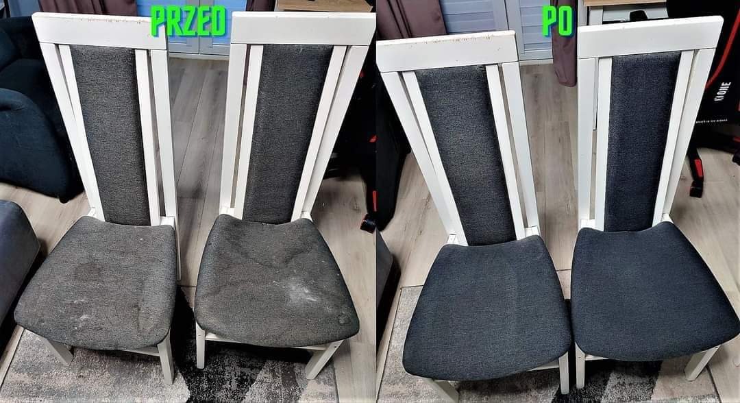 Dwa krzesła z białymi ramami i tapicerowanymi siedziskami oraz oparciami, po lewej stronie widać krzesła zabrudzone, po prawej wyczyszczone, z napisem 'PRZED' i 'PO' w górnych rogach zdjęcia.