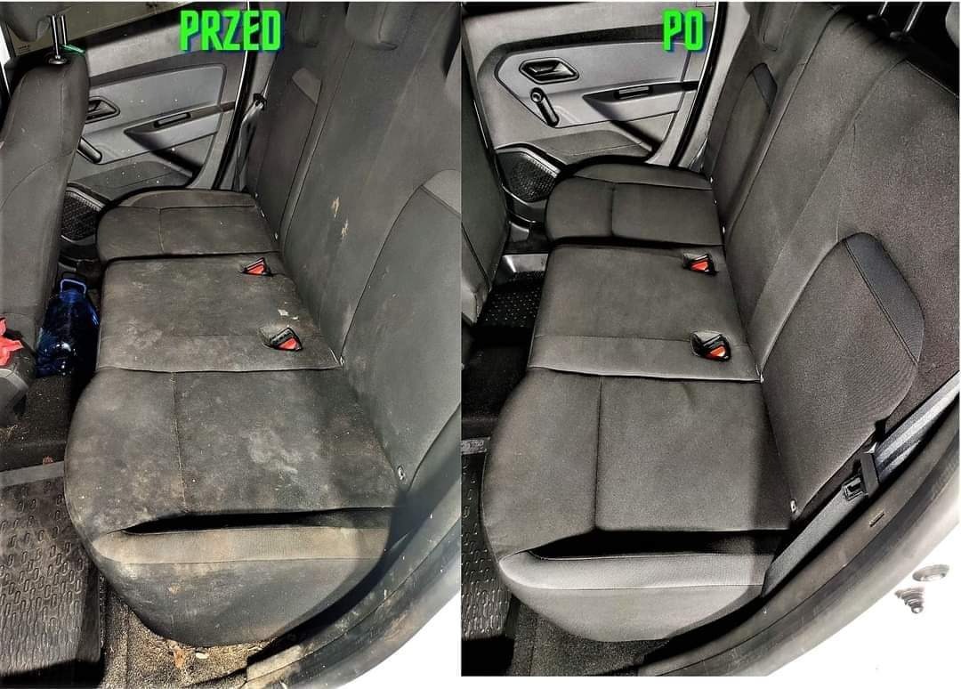 Porównanie tylnej kanapy samochodowej przed i po czyszczeniu: po lewej stronie widoczne silne zabrudzenia i plamy, po prawej czysta, odświeżona tapicerka w odcieniach szarości.