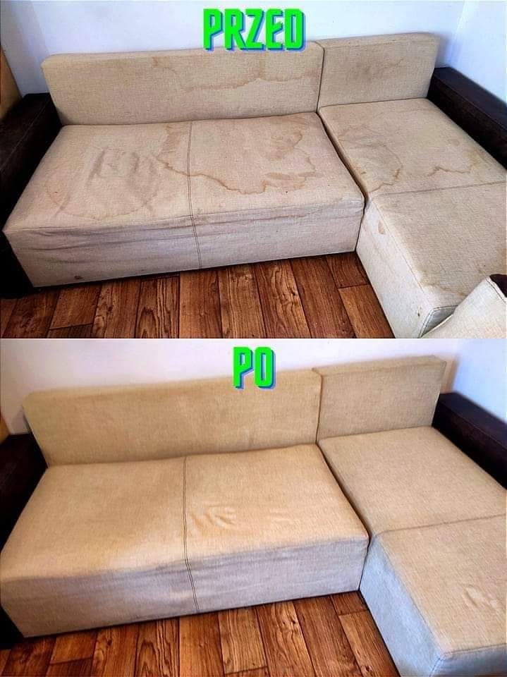Zdjęcie przedstawia narożną kanapę z beżową tapicerką. Górna część zdjęcia pokazuje kanapę z widocznymi plamami i zabrudzeniami, oznaczona napisem 'PRZED'. Dolna część zdjęcia ukazuje tę samą...
