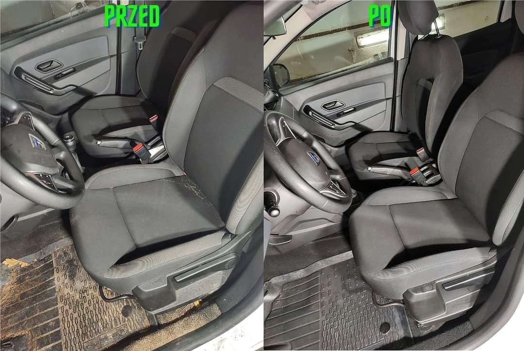 Tapicerka samochodowa, widok wnętrza auta przed i po czyszczeniu. Po lewej stronie fotel kierowcy z widocznymi zabrudzeniami, po prawej ten sam fotel po wyczyszczeniu.