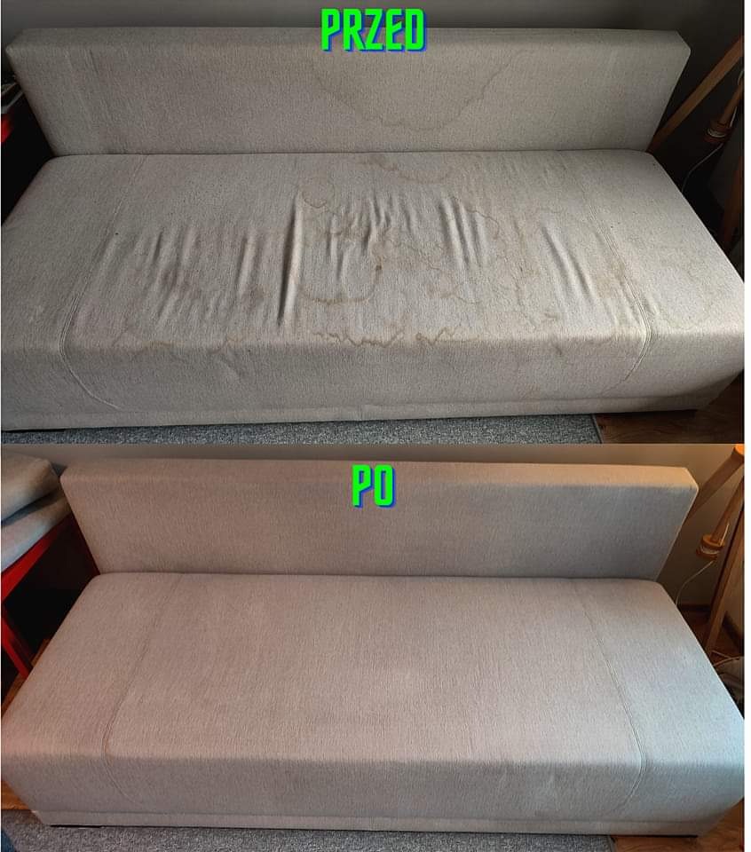 Porównanie stanu kanapy przed i po czyszczeniu, widoczne plamy i zabrudzenia na górnym zdjęciu oraz czysta tapicerka na dolnym zdjęciu.