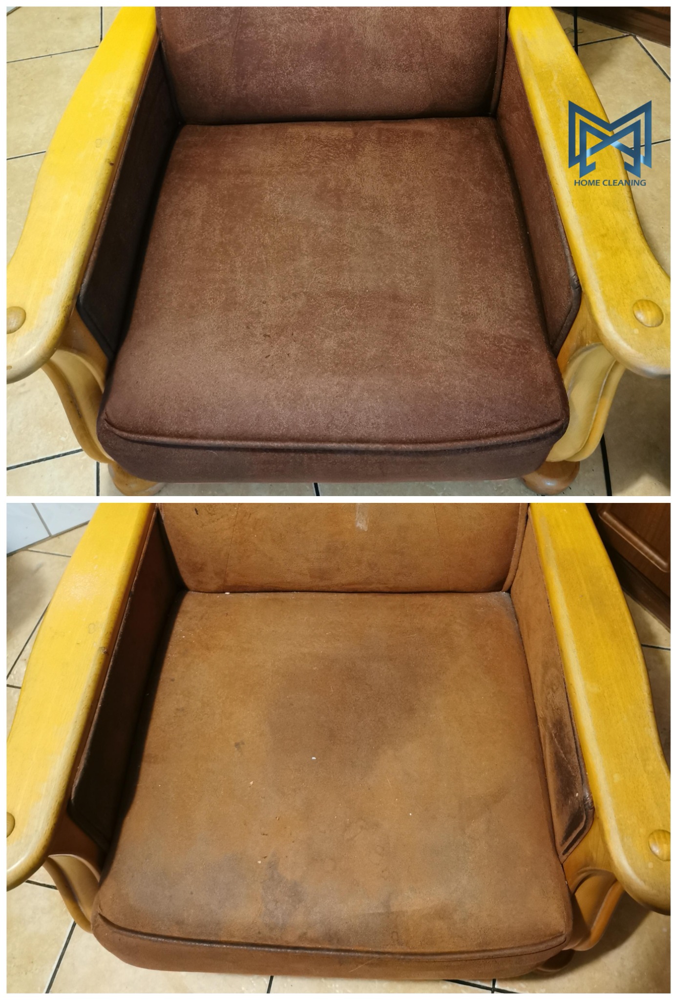 Dwa ujęcia tego samego brązowego fotela z drewnianymi, żółtymi podłokietnikami, gdzie górne zdjęcie przedstawia fotel po czyszczeniu, a dolne przed czyszczeniem, ukazując różnicę w wyglądzie.
