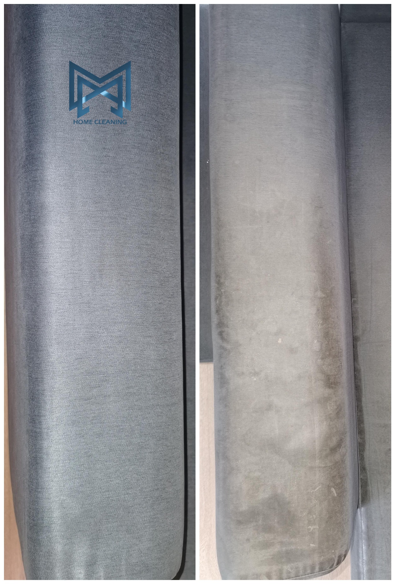 Porównanie fragmentu szarej kanapy przed i po czyszczeniu, widoczne usunięcie zabrudzeń, z logo firmy na czystej części.