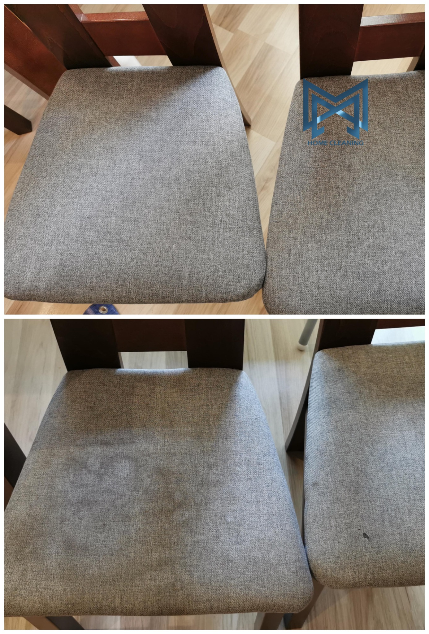 Dwa krzesła z szarą tapicerką przed i po czyszczeniu, widoczne różnice w odcieniu i usunięcie plam.