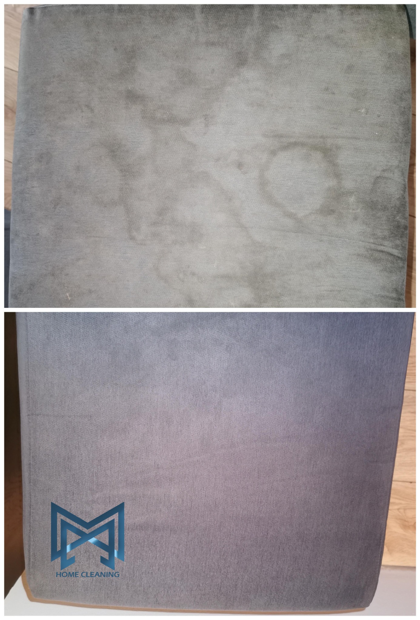 Porównanie stanu tapicerki krzesła przed i po czyszczeniu, widoczne plamy usunięte, w dolnej części kadru logo firmy sprzątającej.