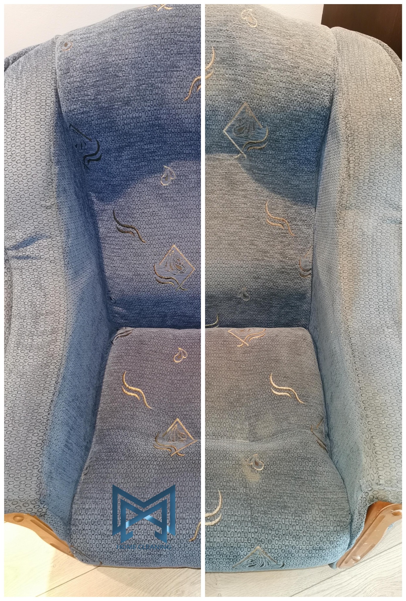 Porównanie fotela z niebieską tapicerką przed i po czyszczeniu, widoczne różnice w odcieniu i usunięcie plam, ujęcie z bliska.