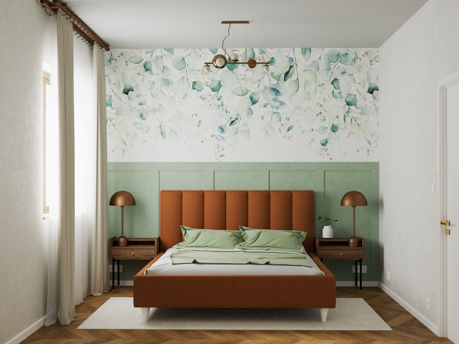 Sypialnia z łóżkiem w odcieniach brązu i zieleni, tapeta w liście eukaliptusa, drewniana podłoga w jodełkę, lampki nocne z miedzianymi abażurami.