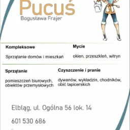 Reklama firmy sprzątającej Pucuś z Elbląga, oferującej kompleksowe sprzątanie dom&oacute;w, biur, mycie okien i pranie dywan&oacute;w oraz tapicerki, z ilustracją kobiety z wiadrem.