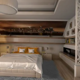 Nowoczesna sypialnia na poddaszu z dekoracyjnym ażurowym panelem, łóżkiem z beżową ramą, pomarańczowymi akcentami i tapetą z panoramą miasta.