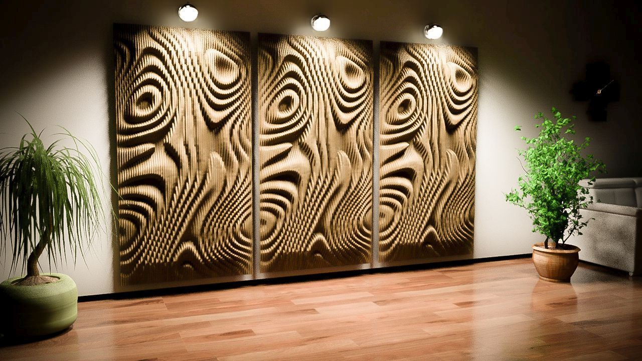Trzy panele ścienne z rzeźbionym, abstrakcyjnym wzorem drewna, oświetlone punktowo, z roślinami doniczkowymi po bokach i parkietem na podłodze.