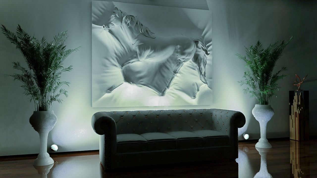 Elegancki salon z sofą Chesterfield, dużym obrazem z motywem konia i roślinami w wysokich, zdobionych wazonach, oświetlony punktowo.