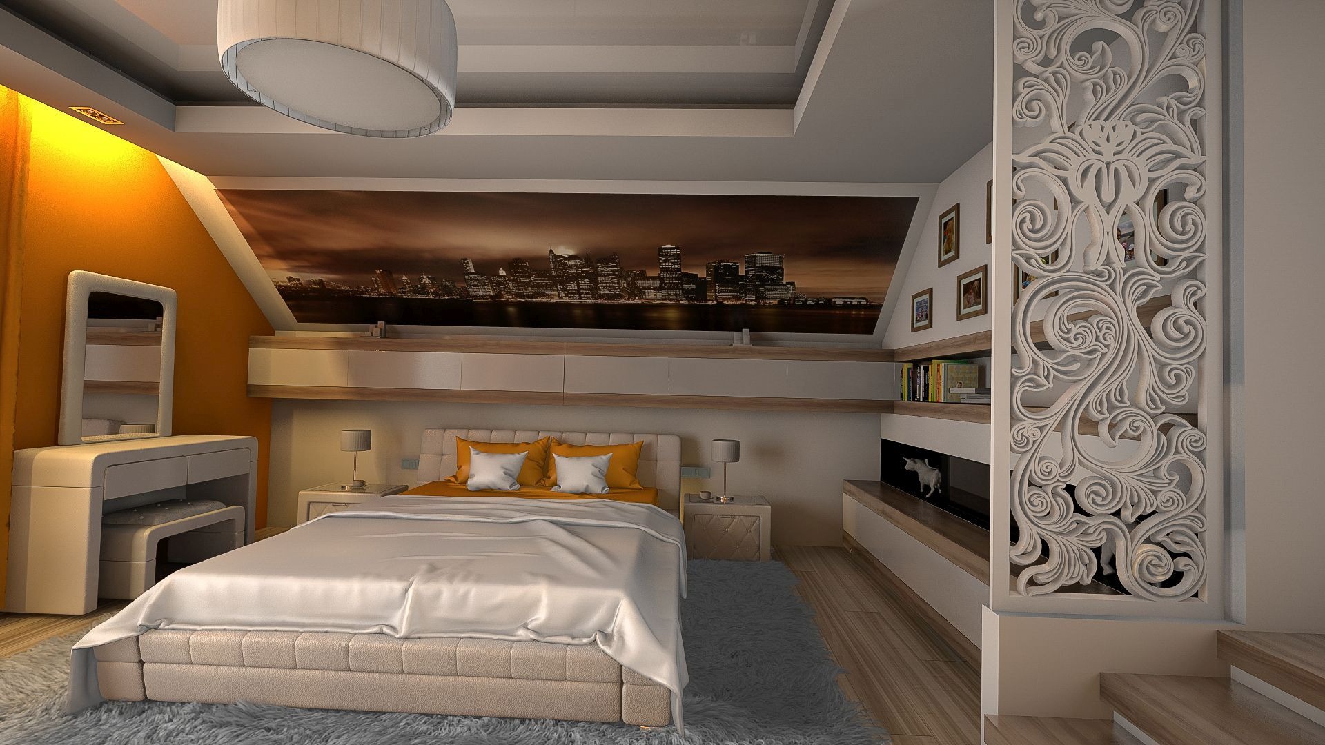 Nowoczesna sypialnia na poddaszu z dekoracyjnym ażurowym panelem, łóżkiem z beżową ramą, pomarańczowymi akcentami i tapetą z panoramą miasta.