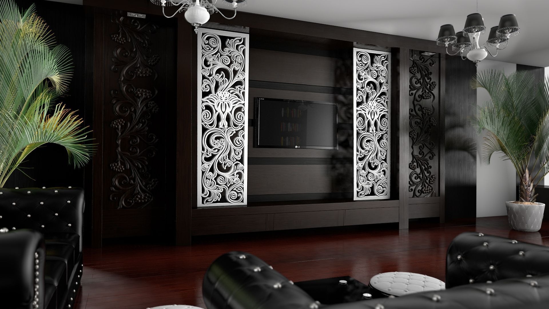 Nowoczesny salon z ciemnego drewna z ażurowymi panelami dekoracyjnymi po bokach telewizora, skórzane meble w stylu glamour i egzotyczna roślina doniczkowa.