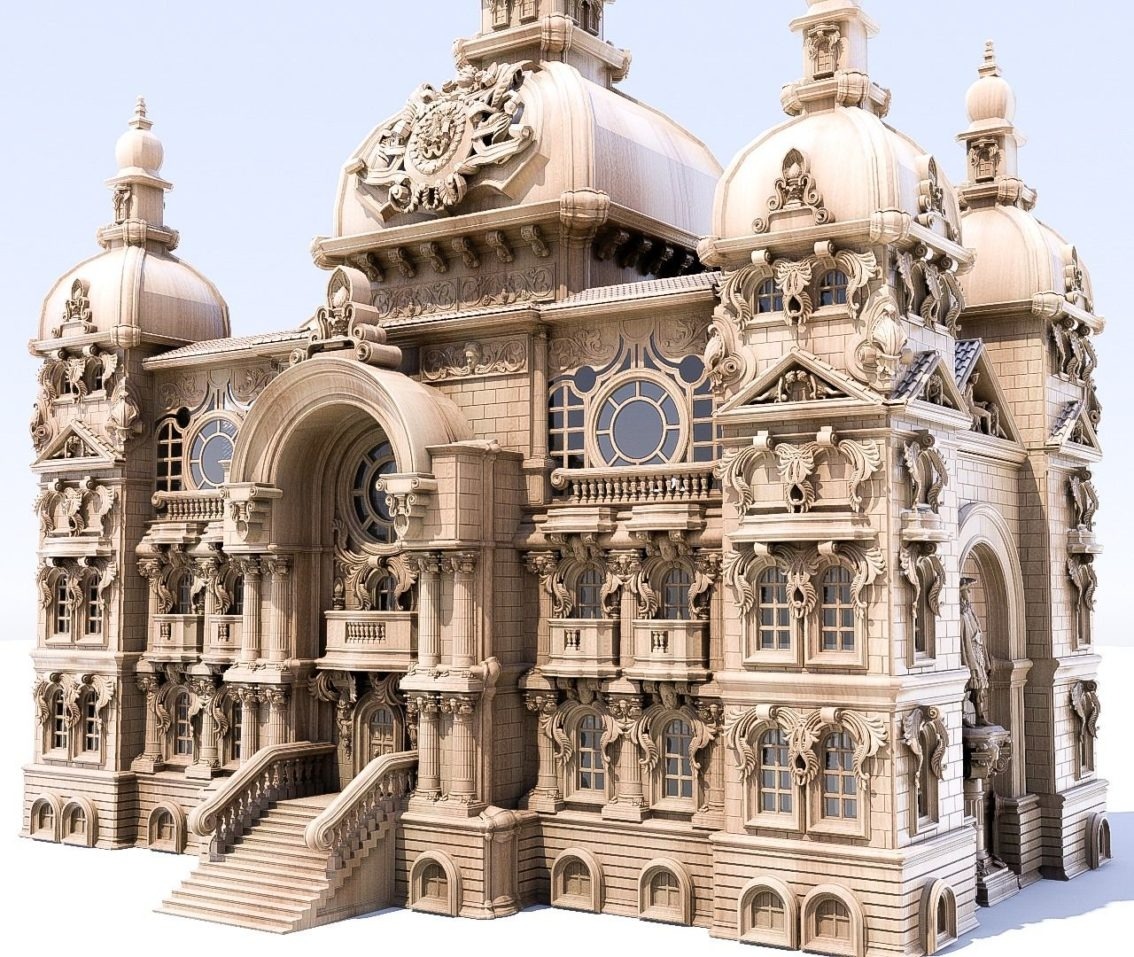 Szczegółowa, drewniana miniatura budynku z kopułami, schodami i licznymi zdobieniami architektonicznymi.