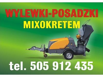 Grafika reklamowa przedstawiająca maszynę do wylewek i posadzek Mixokret z numerem telefonu na zielonym tle.