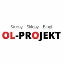 Logo firmy OL-PROJEKT z hasłem 'Strony Sklepy Blogi' umieszczonym powyżej nazwy, litery 'OL' w kolorze czerwonym.