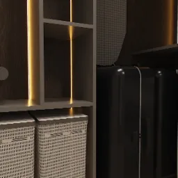 Projekt garderoby z oświetleniem LED, koszami na pranie i pralką Samsung, nowoczesny design z elementami drewna.