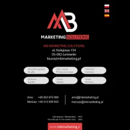 Logo firmy MB Marketing Solutions na czarnym tle, z adresem, danymi kontaktowymi i listą oferowanych usług w języku polskim i angielskim, w prawym górnym rogu flagi Polski, Wielkiej Brytanii...