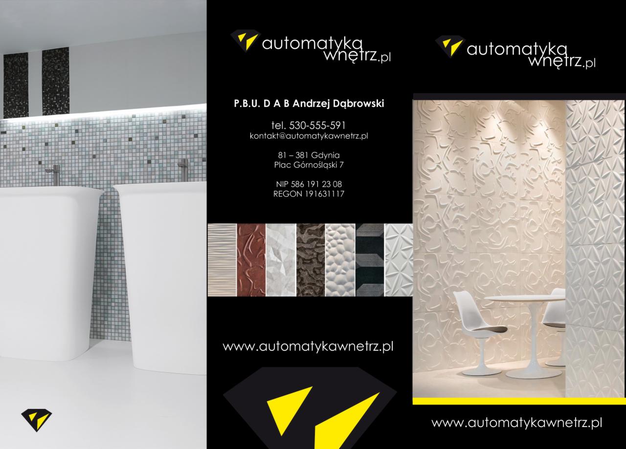 Kompozycja prezentująca aranżacje łazienki z umywalkami oraz trójwymiarowe panele ścienne z meblami, uzupełniona o dane kontaktowe firmy www.automatykawnetrz.pl i paletę próbek materiałów.