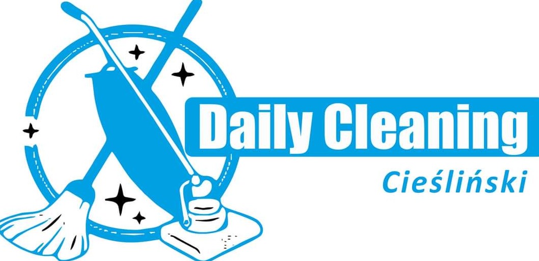 Niebieskie logo firmy sprzątającej Daily Cleaning Cieśliński z grafiką mopa, odkurzacza i okręgu z gwiazdami.